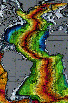 Color coded age of rocks on floor of Atlantic Ocean