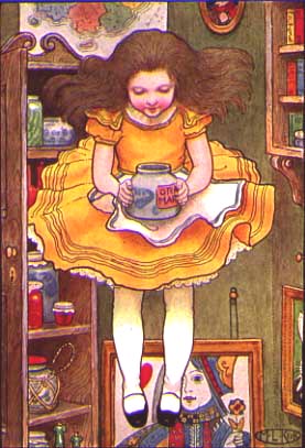 Alice carefully holding the marmalade jar, while falling