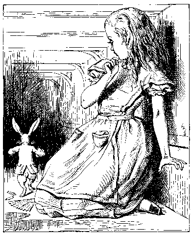 Alice very large watches the rabbit run away