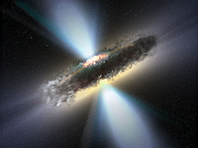 artist's concept of AGN accretion disk with cones of UV