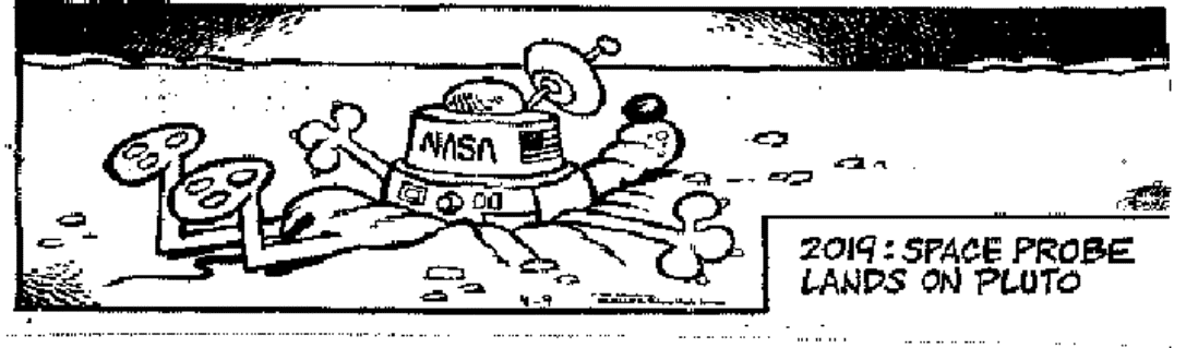 cartoon showing a NASA spacecraft cruching Walt Disney's cartoon Pluto