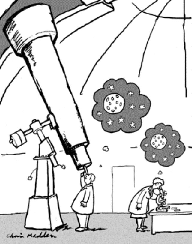 cartoon showing a scientist looking through a telescope seeing the same thing as another scientist looking through a microscope