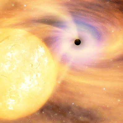 artist's concept of black hole tearing matter from star