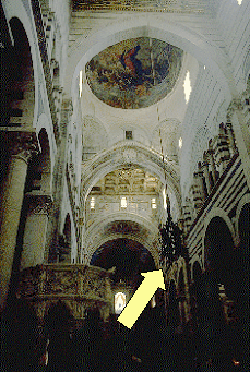 Interior of Pisa cathedral showing hanging lamp